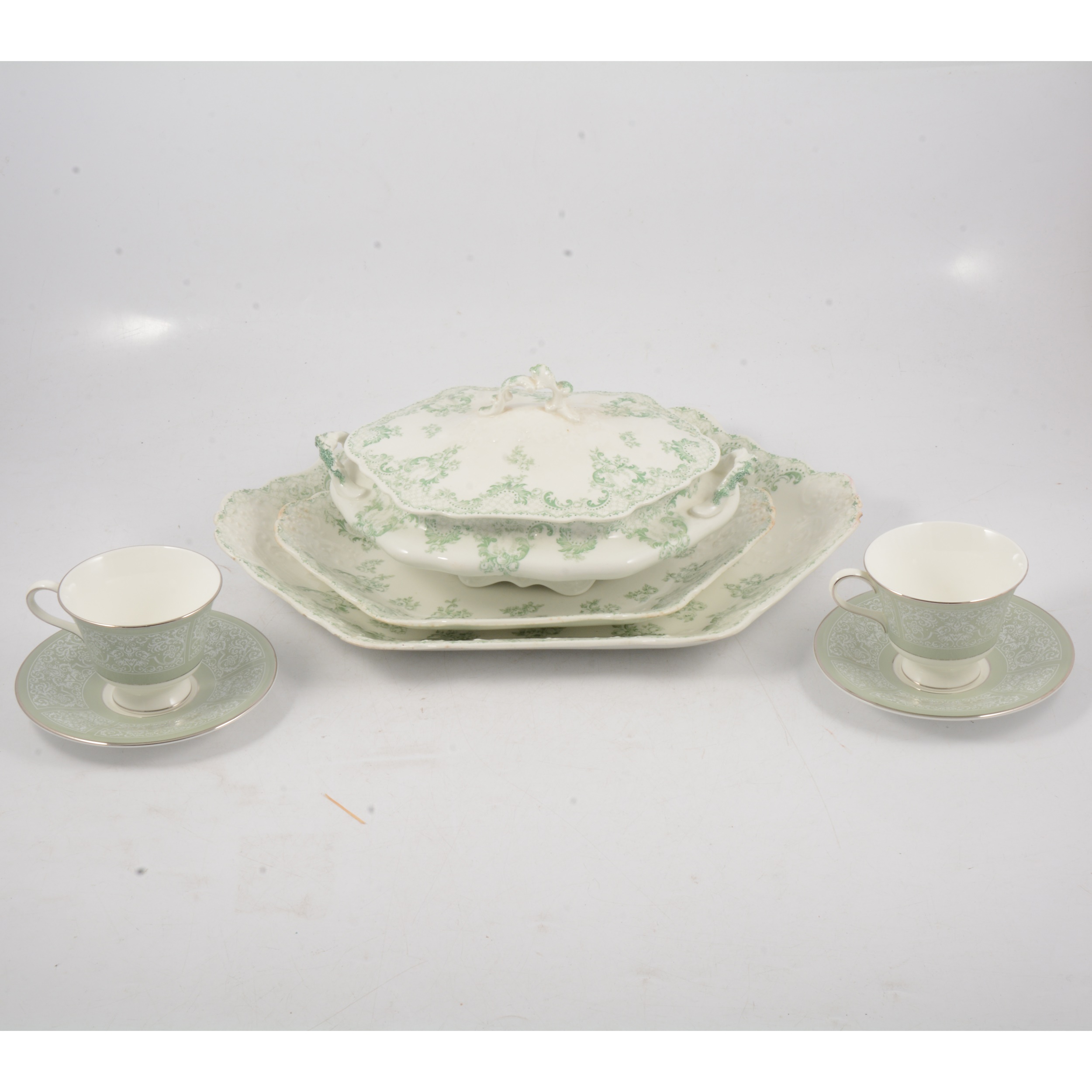 Johnson Brothers green and white transfer printed ware.