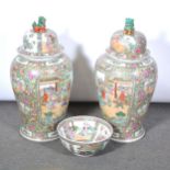 Pair of large Chinese polychrome temple vases and a similar bowl,
