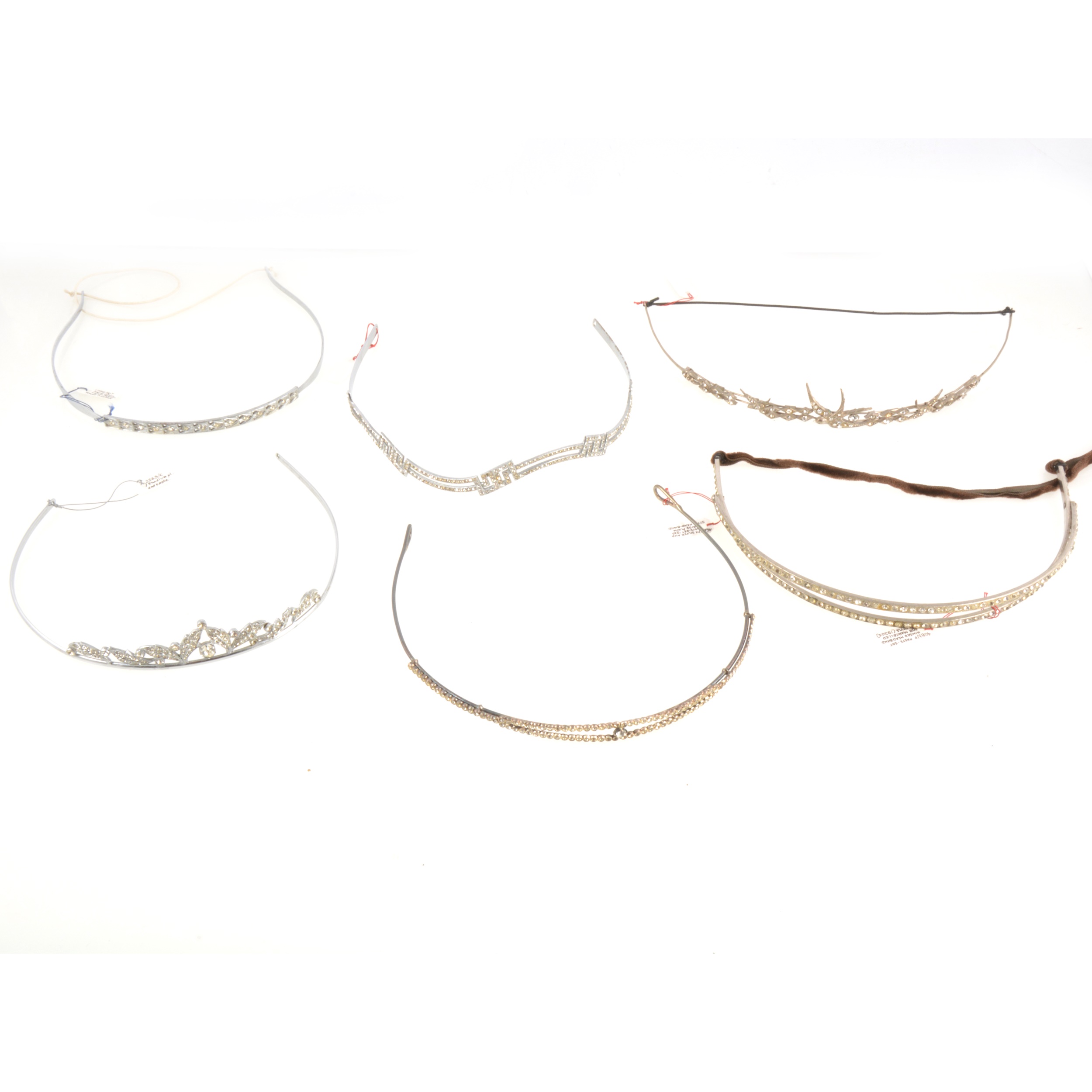 Six paste set tiara style headbands, circa 1920's 1930's.