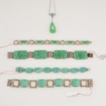 Four simulated jade panel bracelets and a similar pendant with integral chain.
