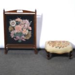 Victorian footstool and an oak framed firescreen,