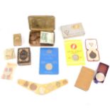 1914 Christmas tin, South Africa Christmas tin, WWII pair of medals, small quantity of coins,