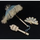 Three bone Victorian doll accessories; including parasol finished with blue silk