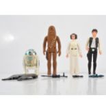 Four original Star Wars figures, Han Solo; Princess Leia; R2D2; Chewbacca