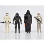 Four original Star Wars figures, Darth Vader, Storm Trooper, Fighter Pilot, AT-AT driver