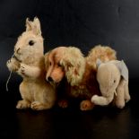 Three Steiff plush animal toys, Sausage dog, elephant and squirrel