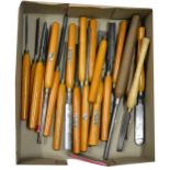 Robert Sorby woodworking chisels and cutting tools, twenty various types, all with wooden handles.