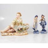 Staffordshire figural dessert dish and a pair of Continental figures