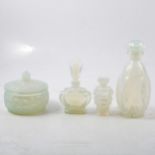 A Sabino opalescent glass powder pot with lid, and three scent bottles.