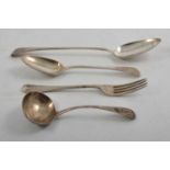 Matched part set of silver cutlery, to include a basting spoon, William Chawner II, London 1821.