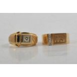 Two gentleman's signet rings set with diamonds.