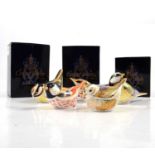 Five Royal Crown Derby bird paperweights, gold stoppers.