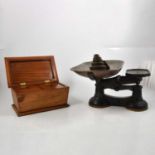 Mahogany tea caddy, set of vintage scales and weights,