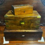 Victorian brass-mounted walnut writing box, a rsoewood box, and another.