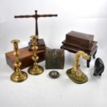 Two wooden boxes, a pair of brass candlesticks, jewellery stand, Chinese style dish stand.