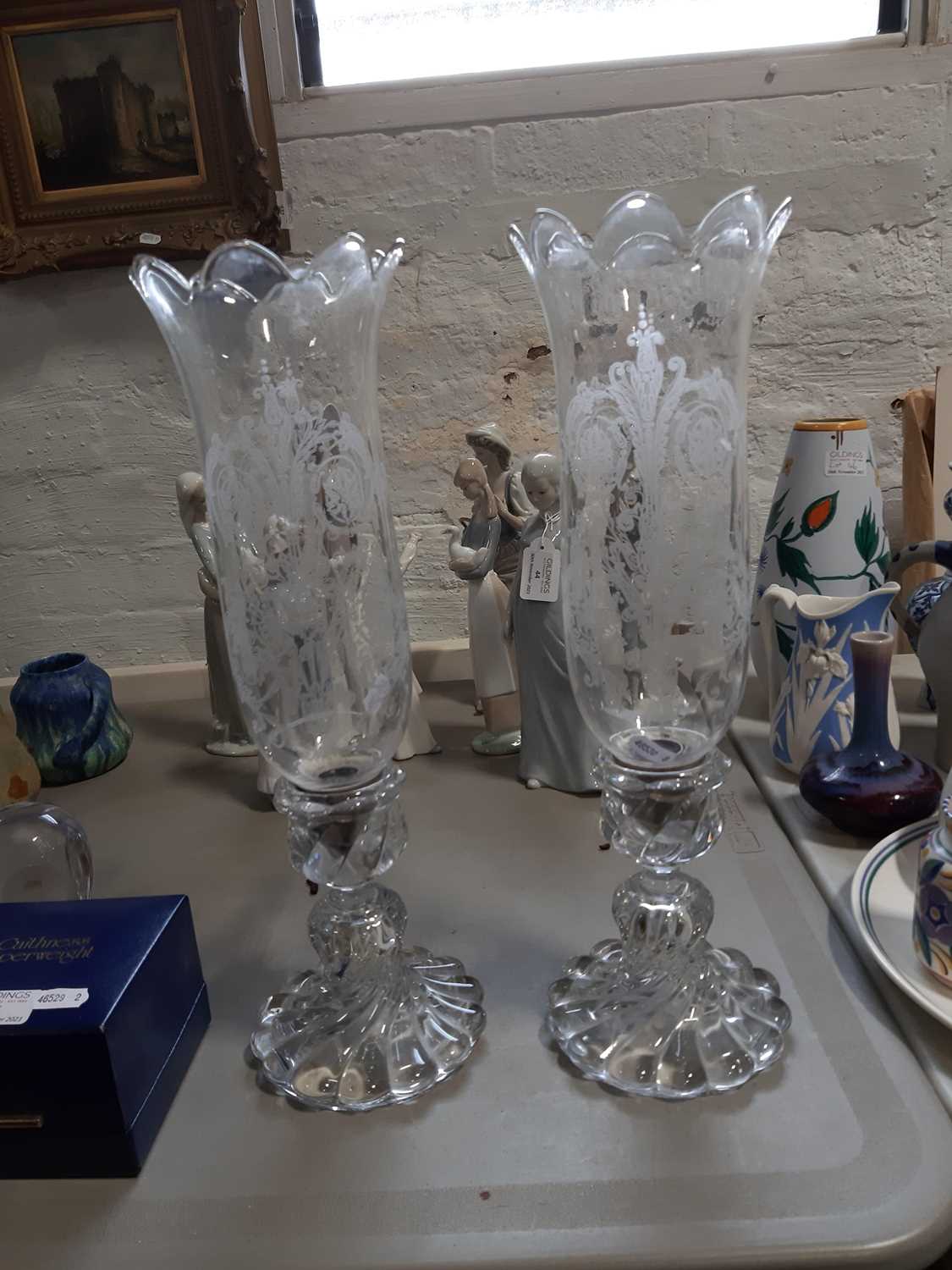 Pair of Baccarat candlesticks with etched glass hurricane shades. - Image 2 of 3