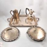 Large silver-plated tray, salver and cake stand, two glass decanters, silver handled tea knives,