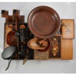 Wooden candlesticks, pedestal dish, musical trinket boxes and other wooden items.