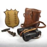 Victorian corkscrew; whip stand and binoculars.