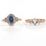 A sapphire and diamond oval cluster ring, and an aqua-coloured gemstone and diamond ring.