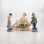 Staffordshire figural dessert dish and a pair of Continental figures.