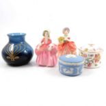 Royal Doulton figurines, Minton Haddon Hall lidded jars, and other decorative ceramics and glass.