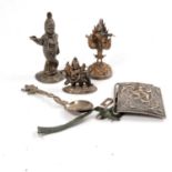 Five white metal or metal figurines of or items decorated with Hindu deities.
