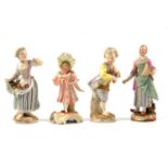 Meissen figure of a girl wearing a bonnet, pair of Dresden figures and a French bisque figure,