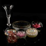 An Antique cordial glass, five glass paper weights, two millefiori, glass dish with metal rim