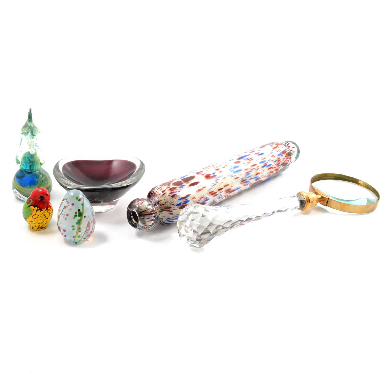 Mdina glass seahorse, Nailsea type rolling pin, magnifying glass.