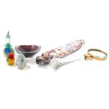Mdina glass seahorse, Nailsea type rolling pin, magnifying glass.