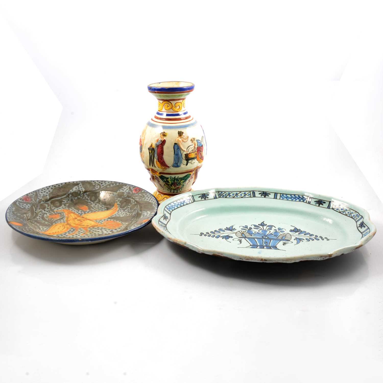 A Faience circular dish, rectangular plate, decorated vase.