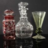 Pair of ruby overlaid glass jars, decanter and drinking glasses,