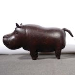 A leather stitched and stuffed Hippo / Hippopotamus footstool, length 80cm.