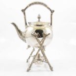 Silver-plated spirit kettle on stand, salver, meat platter and cover.