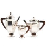 French Art Deco silver-plated three-piece tea and coffee set, and other plated and silver wares.
