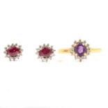 An amethyst ring and pair of ruby earrings, both set with cubic zirconia.