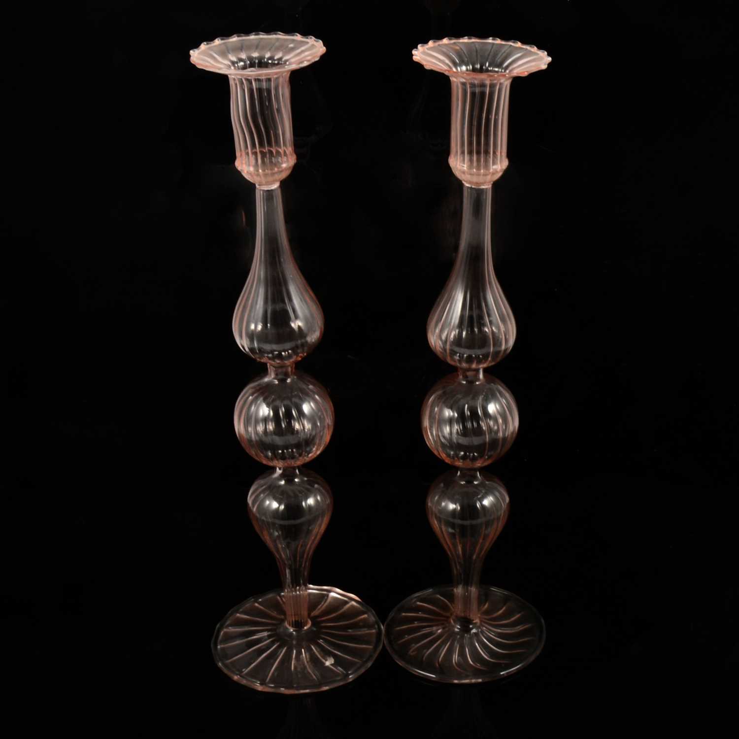 Pair of pale pink Murano design glass candlesticks and a pair of White and floral trailed Murano can