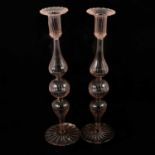 Pair of pale pink Murano design glass candlesticks and a pair of White and floral trailed Murano can