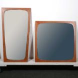 Two wooden framed mirrors, marked Made in Denmark. 54cm x 54cm and 38cm x 70cm