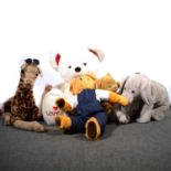 A quantity of soft plush toys, including large 'Love Me' teddy bear