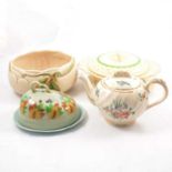 Clarice Cliff Autumn Leaf bowl, lidded tureen, cheese dish, floral plate and teapot.