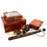 Victorian walnut writing box, mahogany and brass plate camera, Regency truncheon and surveyor's tape