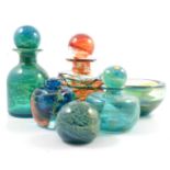 Mdina red trailed glass bottle with stopper, and five turquoise Mdina pieces.