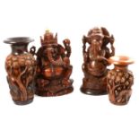 Indian and Thai hardwood carved Ganeshas, and Indian carved hardwood vases.