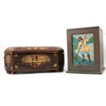 George III inlaid mahogany tea caddy, Victorian rosewood work box, and other wooden boxes.