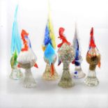 Six Murano coloured glass cockerels.