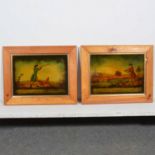 Wooden cigarette box with Cecil Aldin printed cover; and two inverse painted glass scenes