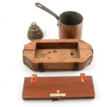 E Dehillerin copper pan, unmarked copper pan, brass jardiniere / spitoon and other wooden and metalw