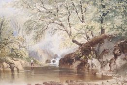 Cornelius Pearson (1805-1891), watercolour, Angler beside a wooded stream, signed and dated 1851, 23